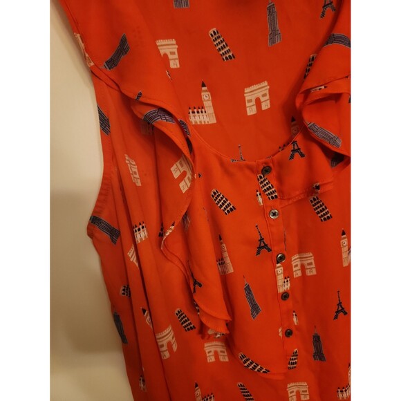 Maeve by Anthropologie Orange Sleeveless Top Ruffles & Famous Buildings Size 12 - Picture 6 of 11